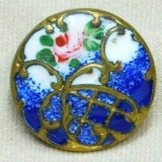 Antique Vtg Button Victorian Enamel Splatter Blue Pink Rose Rococo Brass 5/8 D