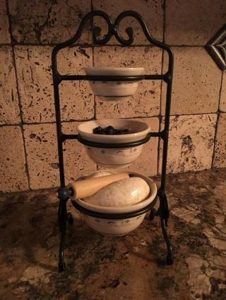 Longaberger Miniature Pottery Wrought Iron Mixing Bowl Stand Blue Trim Bowls