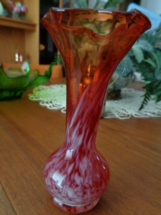 Vintage Lefton ' s Red with White Blown Glass Vase circa 1950 ' s/60s 3