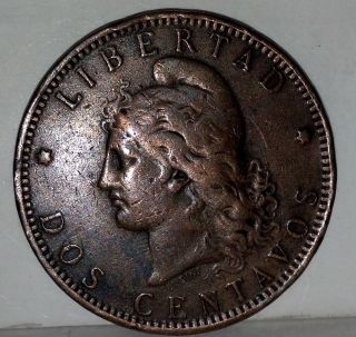 1892 Argentina Dos Centavos Coin Bronze Antique