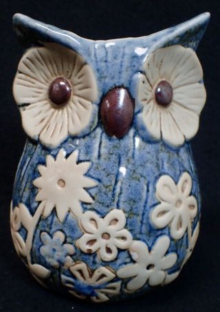 Vintage Owl Pottery Planter Vase Blue Glaze & White Flower Design