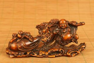 Chinese Old Boxwood Hand Carved Maitreya Buddha Statue Figure