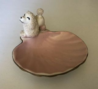 Vintage 50s Spaghetti Poodle Trinket Pink Small Pin Clam Shell Dish W/ Gold Trim
