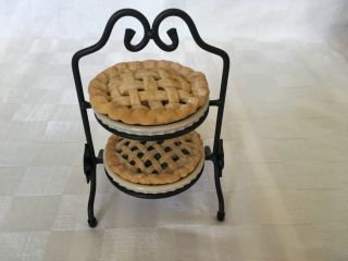 Longaberger Miniature Wrought Iron Two Pie Stand & 2 Pottery Pie Plates W/pies