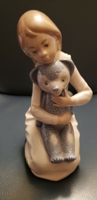 Lladro Nao Girl With Blue Teddy Bear 145 Porcelain Figurine