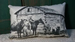 Primitive Vintage Americana Farm Pillow Civil War Log Cabin Horse Cowboy Family