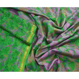 Sanskriti Vintage Green Saree Printed 100 Pure Silk Zari Border Sari Fabric 2