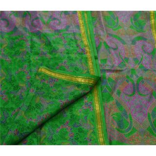 Sanskriti Vintage Green Saree Printed 100 Pure Silk Zari Border Sari Fabric 3