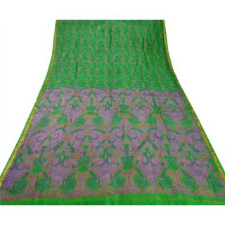 Sanskriti Vintage Green Saree Printed 100 Pure Silk Zari Border Sari Fabric 4