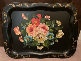 Vintage Black Metal Cottage Tole Hand Painted Rose Flowers Tray 17” X 23