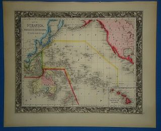 Vintage Circa 1860 Pacific Ocean Map Old Antique Vibrant Hand Colored