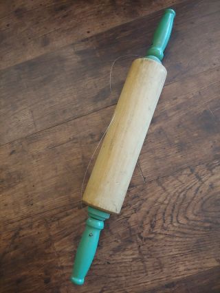 Antique Wooden Primitive Green Handled Baking Rolling Pin