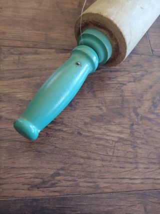 Antique Wooden Primitive Green Handled Baking Rolling Pin 2