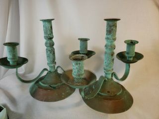Pair Heavy Hammered Copper Candleholder Candle Stick W Thick Verdigris Patina