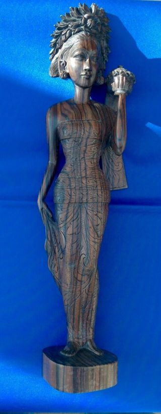 Large Vintage Mahogany Wood Carving Of A Woman Carrying A Pot