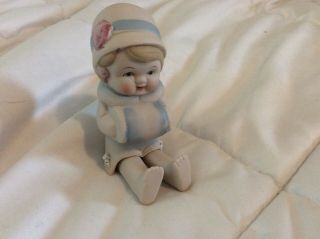 Vintage All Bisque Shackman Bonnet & Muff Doll Paper Tag 4 1/2” Tall