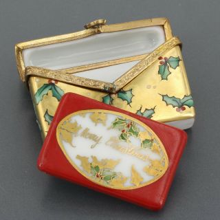 Rochard Limoges France Hand Painted Holly Christmas Card Envelope Trinket Box