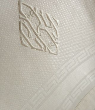Antique Vtg White Damask Greek Key Linen Hand Embroidered Guest Towel Fine Mono