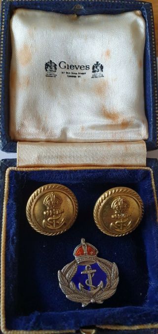 Antique Boxed Ww1 Royal Navy Officers Sleeve Button And A Silver Enamel Badge