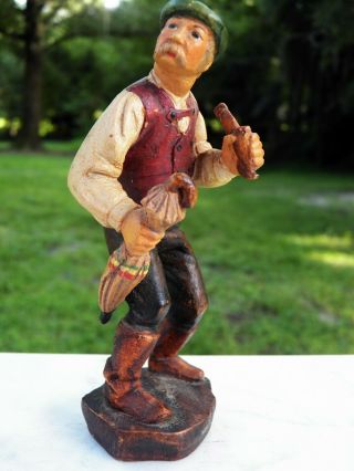 Miniature 5 " Hand - Carved Painted Wood Statue English Man With Pipe And Umbrella