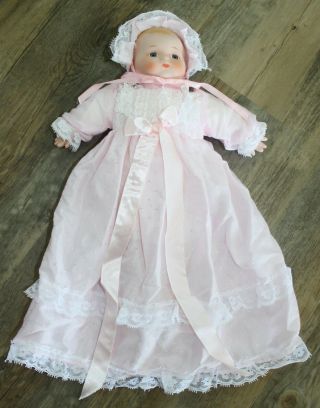 So Sweet Vintage 12” Porcelain Baby Doll With Long Pink Lacey Gown And Bonnet.