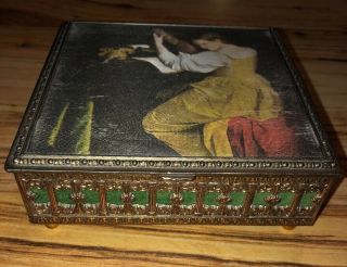 Vintage Metal Jewelry Music Box Gold Tone,  Heavy & Sturdy,  “lute Player” Vguc