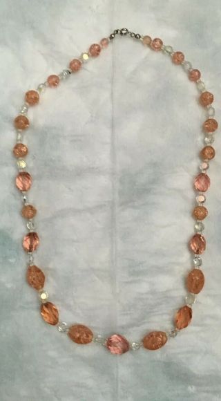 Antique Vtg Czech Pink Shaped Crystal Glass Bead Necklace