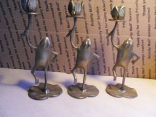 3 Vtg Brass Frog Candle Stick Holder Standing On Lilly Pad 8 " Flower Top