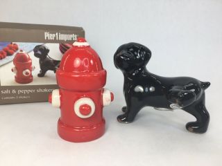 Pier 1 Salt & Pepper Shaker Set Black Dog Peeing On Fire Hydrant Open Box