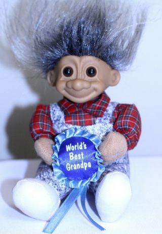 Vintage Russ Troll Doll Worlds Best Grandpa Gray Hair Trolls 5 " Soft Body Great