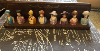 Vintage Avon Victorian Lady Thimbles Complete Set Of 8 With Mahogany Rack