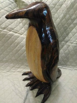 Hand Carved Wooden Penguin Figurine,  Two Tone Wood,  11 " Tall,  Piece