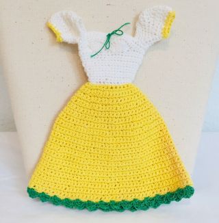 Vintage Hand Knit Green & Yellow Crochet Barbie Peasant Dress