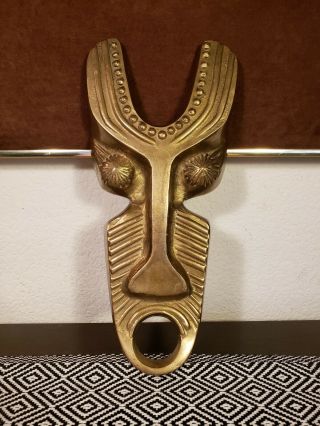 Mid Century Solid Brass Carved Mask Face Candle Holder Shelf Decor Art Sculpture