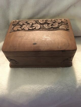 Very Old Estate Wood Jewelry Box Trinket Carved Leaf