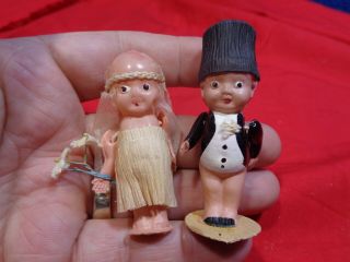 Antique Miniature Pair Celluloid Dolls F - 14.  Bride & Groom