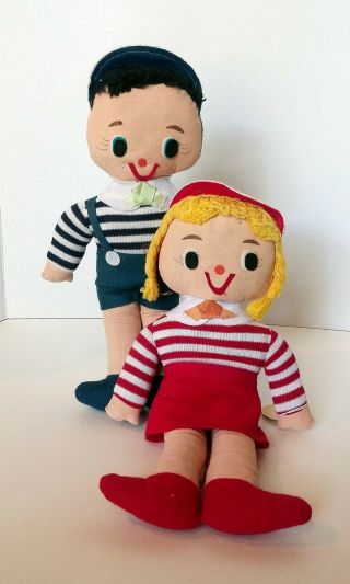13 " Uneeda Boy Girl Cloth Dolls In Matching Vintage 1950s 1960s Outfits