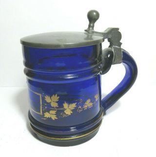 Antique Ladies Sweetheart Glass Stein Cobalt Blue Gilt Pewter Lid Late 1800 