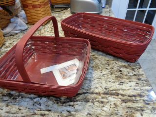 Longaberger Pair Red Bread And Napkin Baskets With Protectors