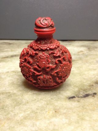 Chinese Hand Carved Cinnabar Lacquer Scent Bottle.  Antique