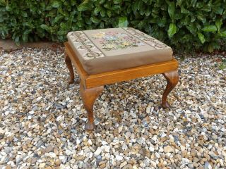 Vintage Needlepoint Foot Stool With Queen Anne Legs