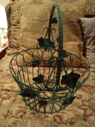 PRETTY ANTIQUE GREEN METAL FRUIT BASKET WITH IVY LEAVES 2