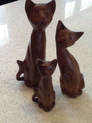 Trio Of Vintage Carved Wood Wooden Siamese Cat Family Figures Long Neck