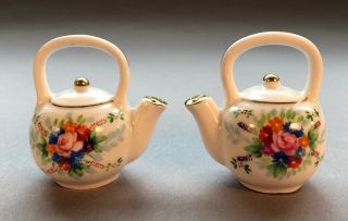 Vintage Salt & Pepper Shakers Teapot Set Flowers Approx 2” Occupied Japan