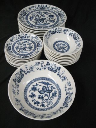 Vintage Heritage Blue Onion 25 Piece Luncheon Plates Saucers Bowls Earthenware