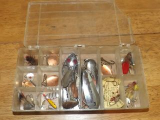 Vintage Old Plastic Box With Spoon Lures Spinners Hair And Feather Lures Ki Bird
