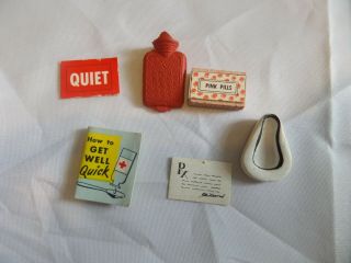 Vintage Vogue Doll Accessories Ginny Bedpan,  Hot Water Bottle,  Pink Pill Box