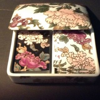 Fitz And Floyd White Cloisonne Peony Card Box W/original Playing Cards