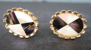 Vintage Pair Black & White Mother Of Pearl Gold Filled Cuff Links