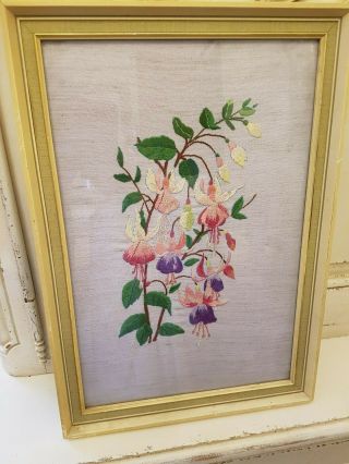 1960 Vintage Embroidery And Frame,  Fuschia Floral Picture On Linen 11 X17 Inches